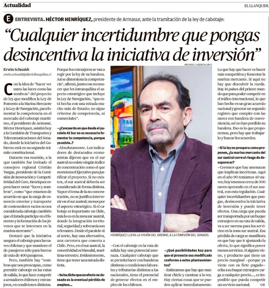 Lee la entrevista del presidente de ARMASUR, sobre la apertura de cabotaje, en Diario El Llanquihue.